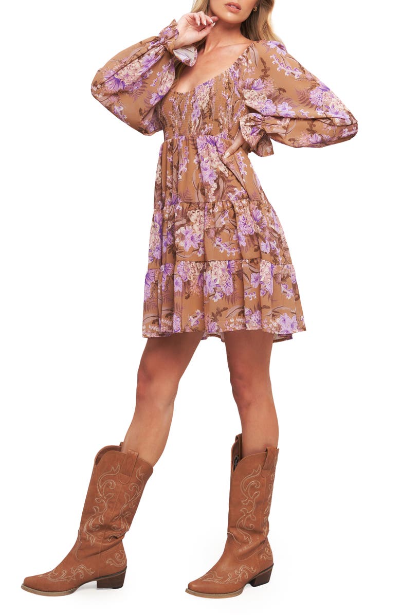 FLYING TOMATO Floral Long Sleeve Babydoll Dress, Alternate, color, Camel