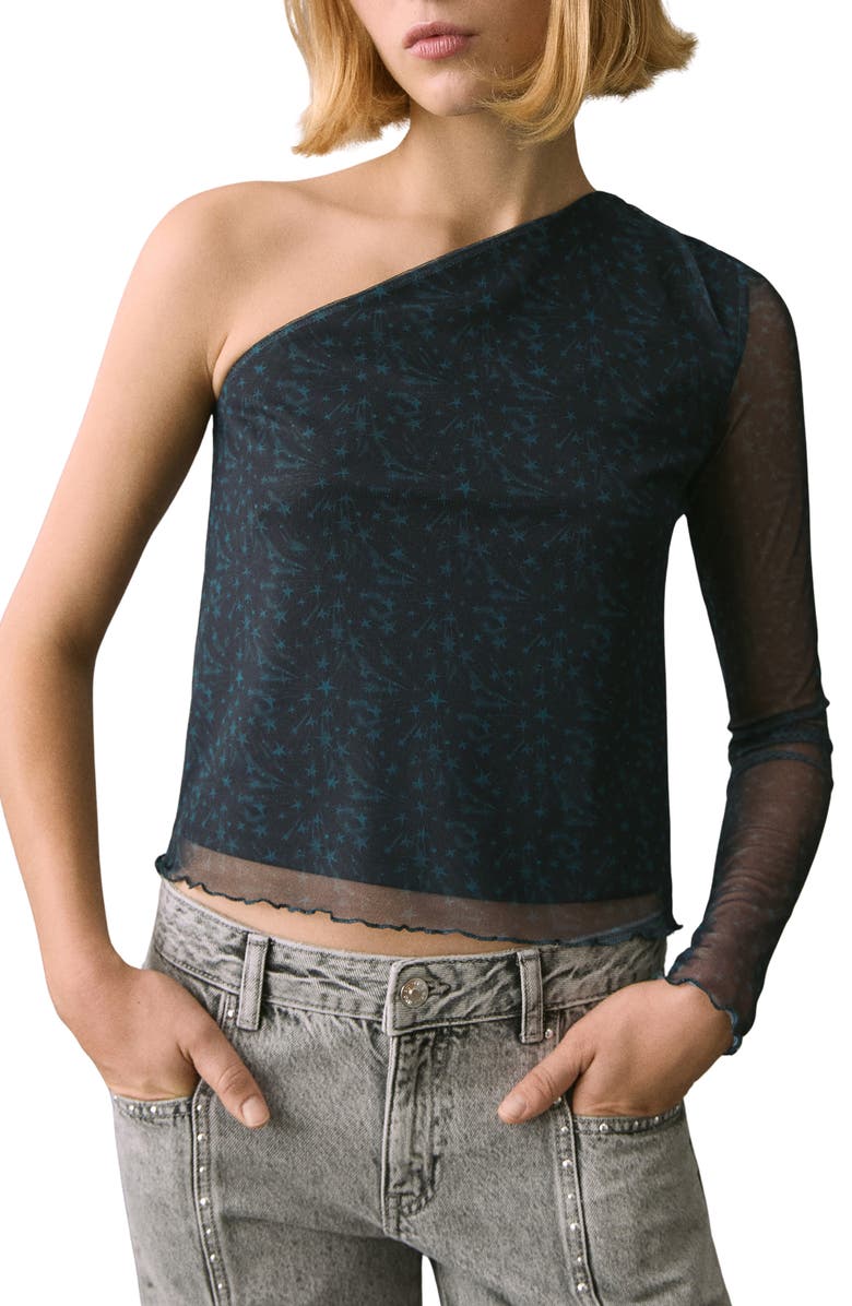 MANGO TEEN Star Print One-Shoulder Mesh Top, Main, color, Green