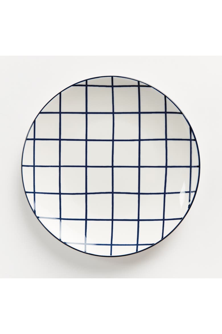 Stria Dark Blue & White Checkered Porcelain Ceramic Set of 4 Plates 8.5", Alternate, color, Blue
