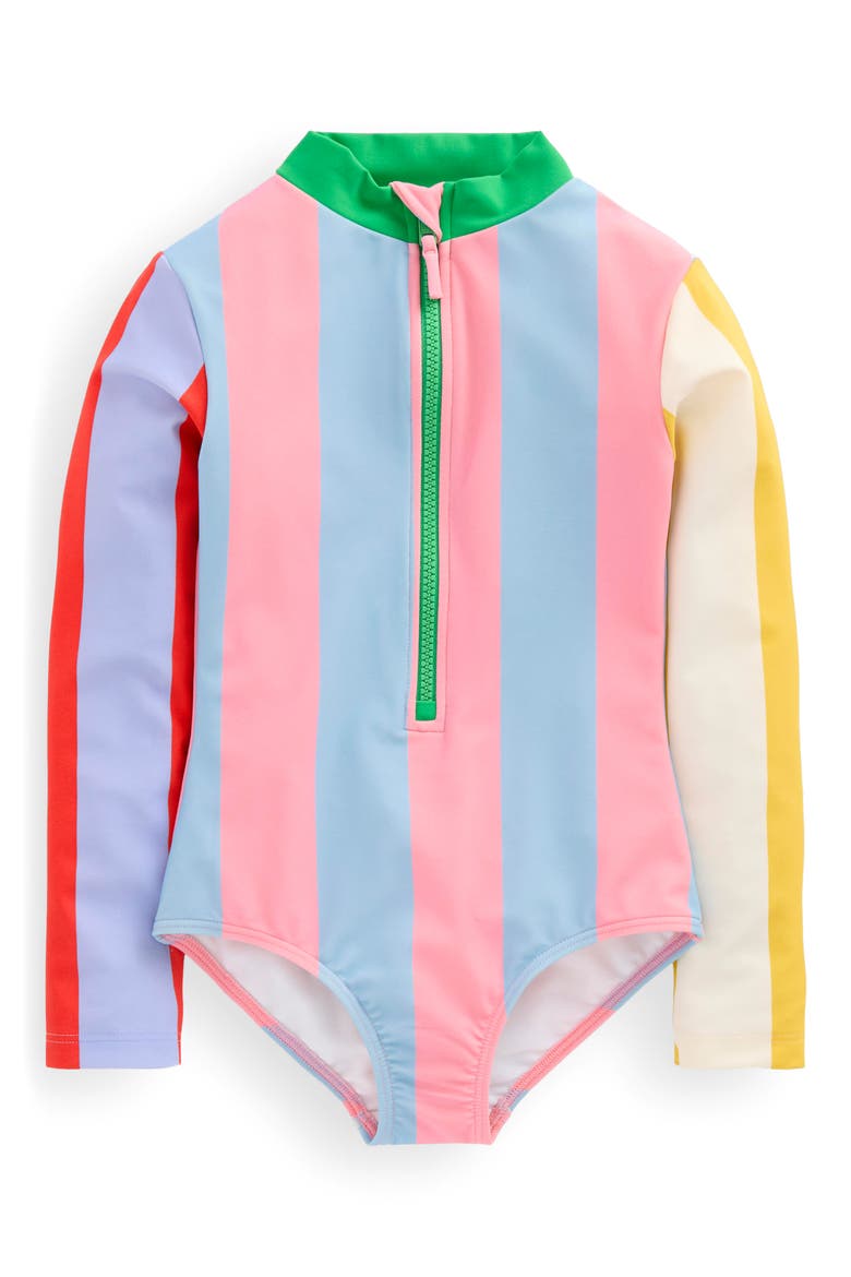 Kids' Long Sleeve Zip-Up One-Piece Rashguard Swimsuit, Main, color, HOTPOTCH STRIPE