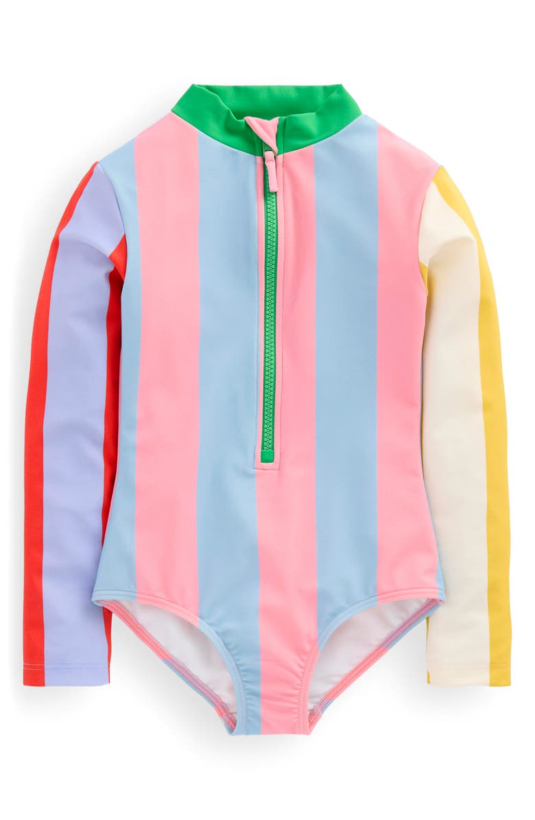 Mini Boden Kids' Long Sleeve Zip-Up One-Piece Rashguard Swimsuit, Main, color, Hotpotch Stripe