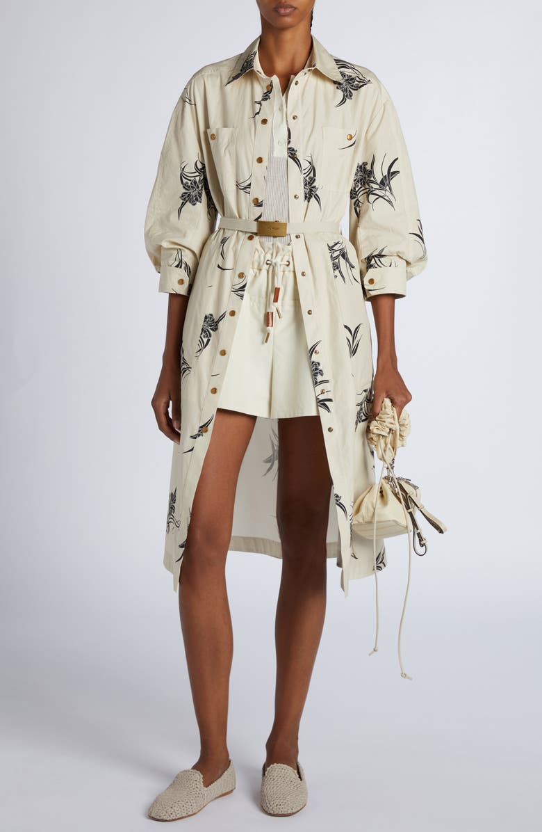 Moncler Floral Print Cotton Belted Shirtdress, Alternate, color, Light Beige Print