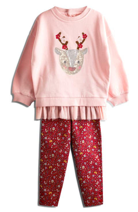 Kids' Holiday Reindeer Sequin Appliqé Cotton Sweatshirt & Leggings Set (Toddler & Little Kid)