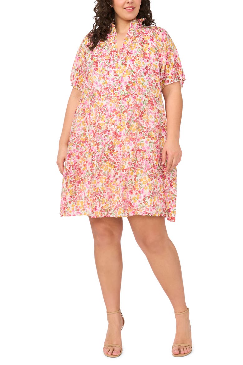 Floral Tiered Ruffle Neck Cotton Dress, Main, color, NEW IVORY/ PINK MULTI