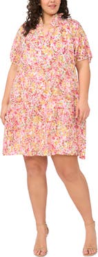 CeCe Floral Tiered Ruffle Neck Cotton Dress