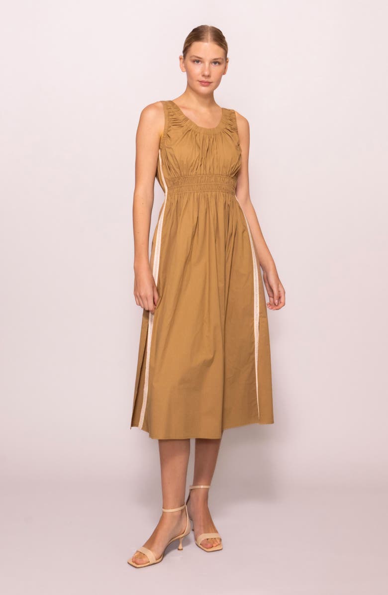 MELLODAY Embroidered Side Stripe Sleeveless Twill Midi Dress, Alternate, color, Tan