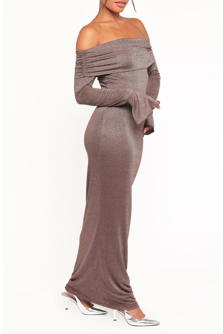 Oraton Metallic Off the Shoulder Long Sleeve Maxi Dress, Alternate, color, BROWN