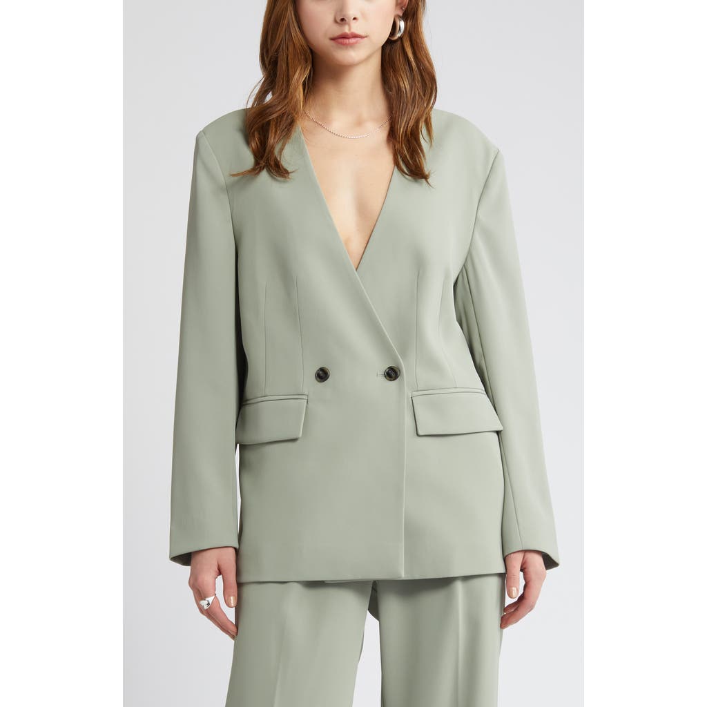 Open Edit Collarless Double Breasted Blazer In Green