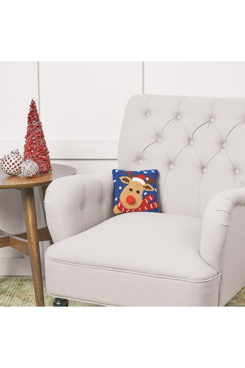 Reindeer w/ Santa Hat Hooked Christmas Mini Accent Pillow 8" x 8", Alternate, color, Blue
