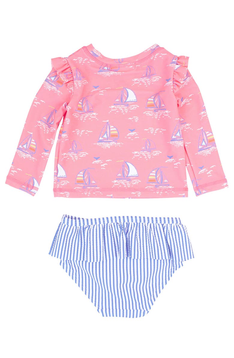 RuffleButts Baby/Toddler Girls UPF50+ Sun Protected Skirted Flutter Long Sleeve Rash Guard Bikini, Alternate, color, Pink Seas The Day