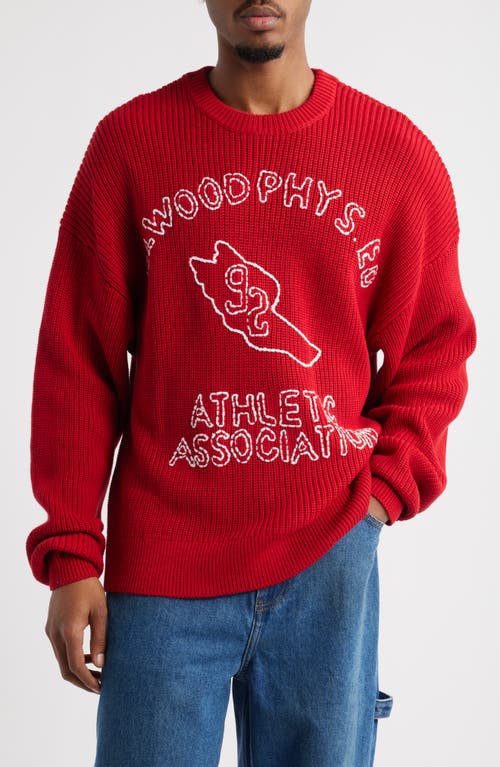 Elwood School Spirit Embroidered Graphic Crewneck Sweater In Fire Truck