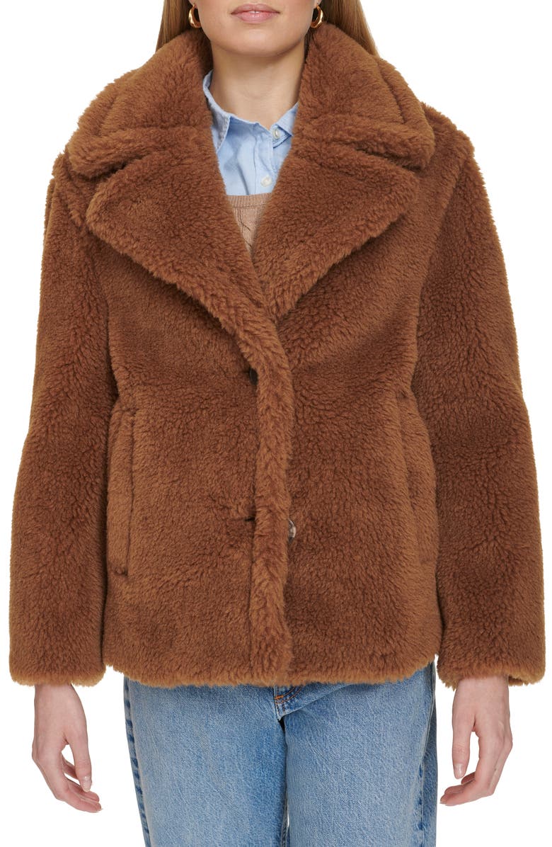 Cole Haan Teddy Wool Blend Faux Fur Jacket, Main, color, Toffee