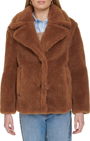 Bernardo Faux Fur Peacoat Teddy Jacket Large Cozy Long Two hot Button Patch Pocket