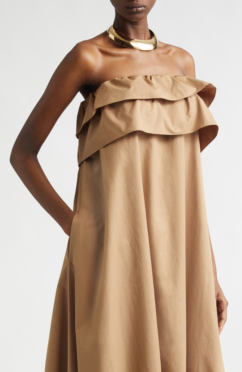 Saint Laurent Strapless Ruffle Maxi Dress, Alternate, color, Cannelle