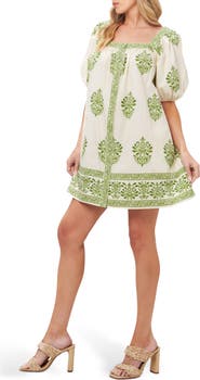 FLYING TOMATO Puff Sleeve Button Front Cotton Minidress