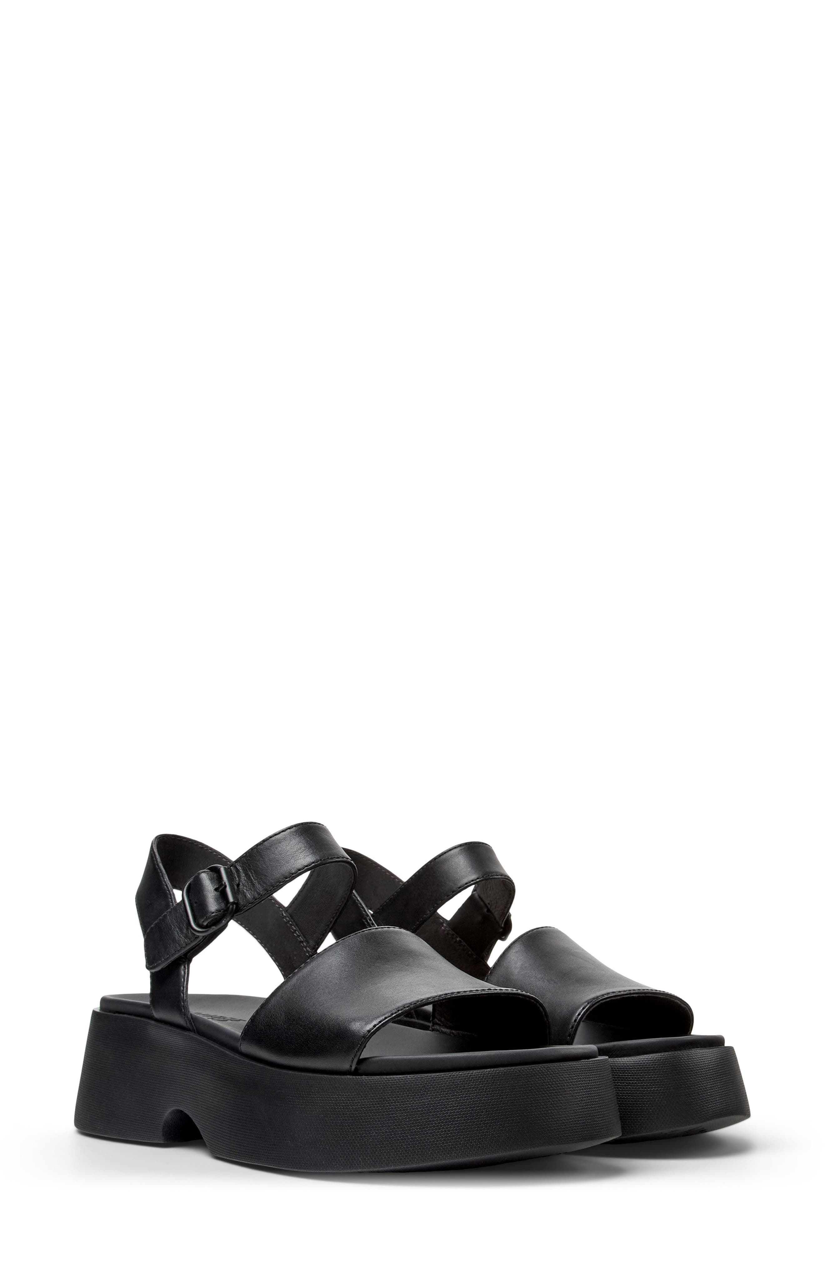Camper Tasha Ankle Strap Wedge Sandal, Main, color, Black