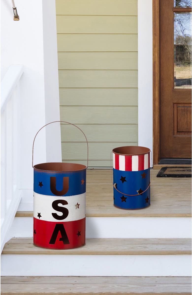 Glitzhome Set of 2 Metal Patriotic Americana Bucket, Alternate, color, 