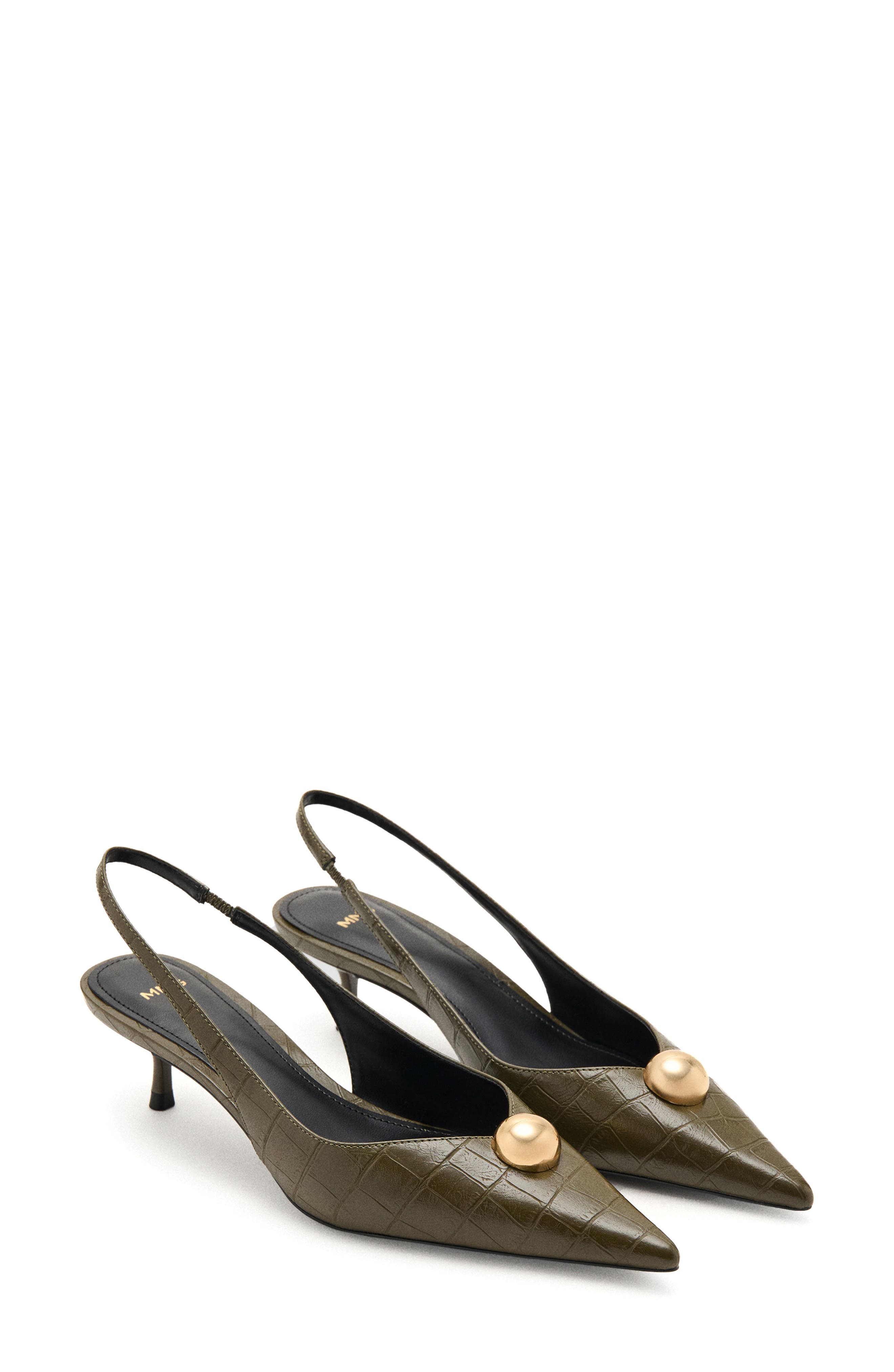 MANGO Slingback Pointed Toe Kitten Heel Pump, Main, color, Khaki Green