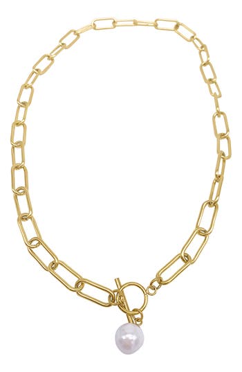 Adornia 8mm Cultured Pearl Charm Paperclip Chain Toggle Necklace In White/gold
