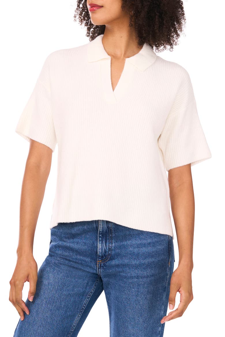 Short Sleeve Johnny Collar Sweater, Main, color, ANTIQUE WHITE
