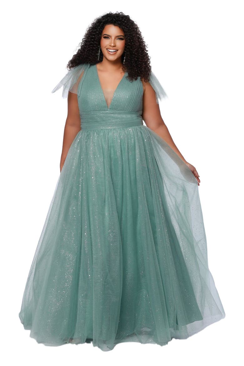 V-Neckline Bra-Friendly Plus Size A-line Gown with Bows, Alternate, color, Sage