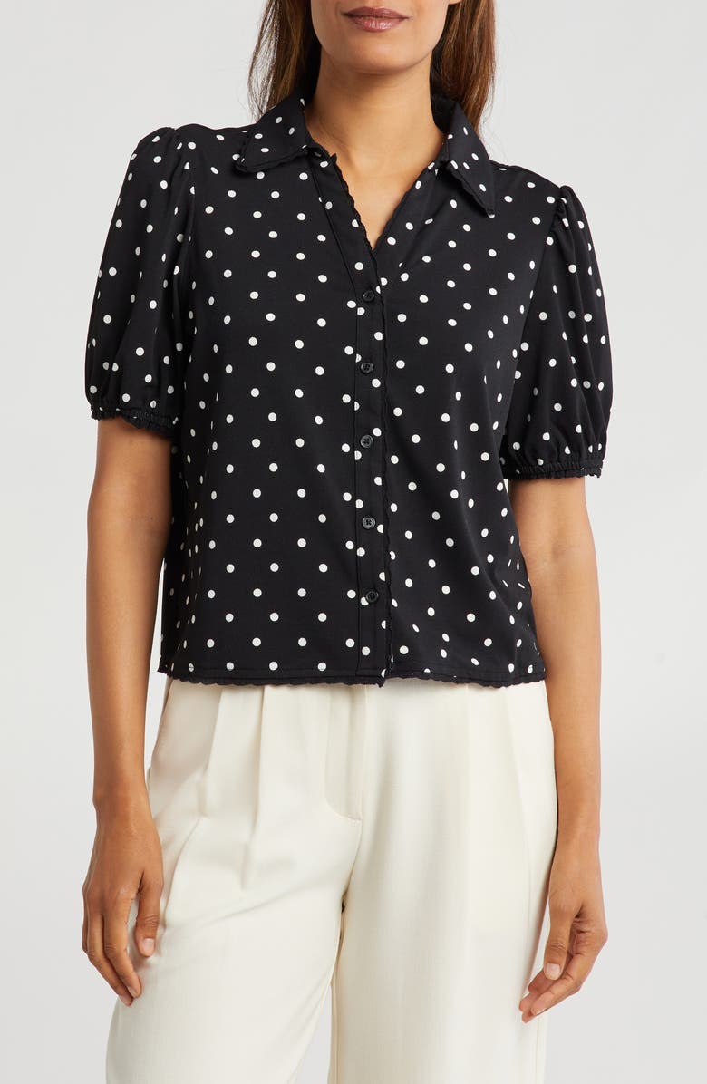 Adrianna Papell Polka Dot Puff Sleeve Knit Button-Up Top, Main, color, 