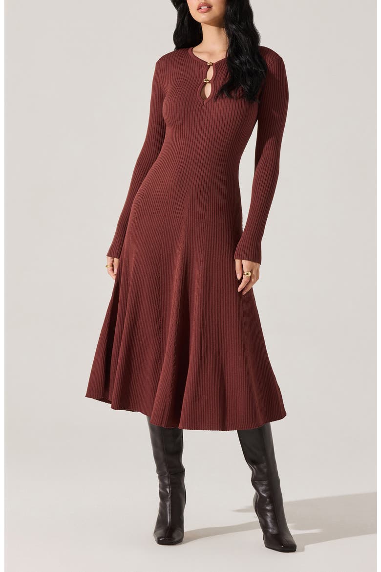 Fallyn Rib Long Sleeve Sweater Dress, Main, color, BROWN