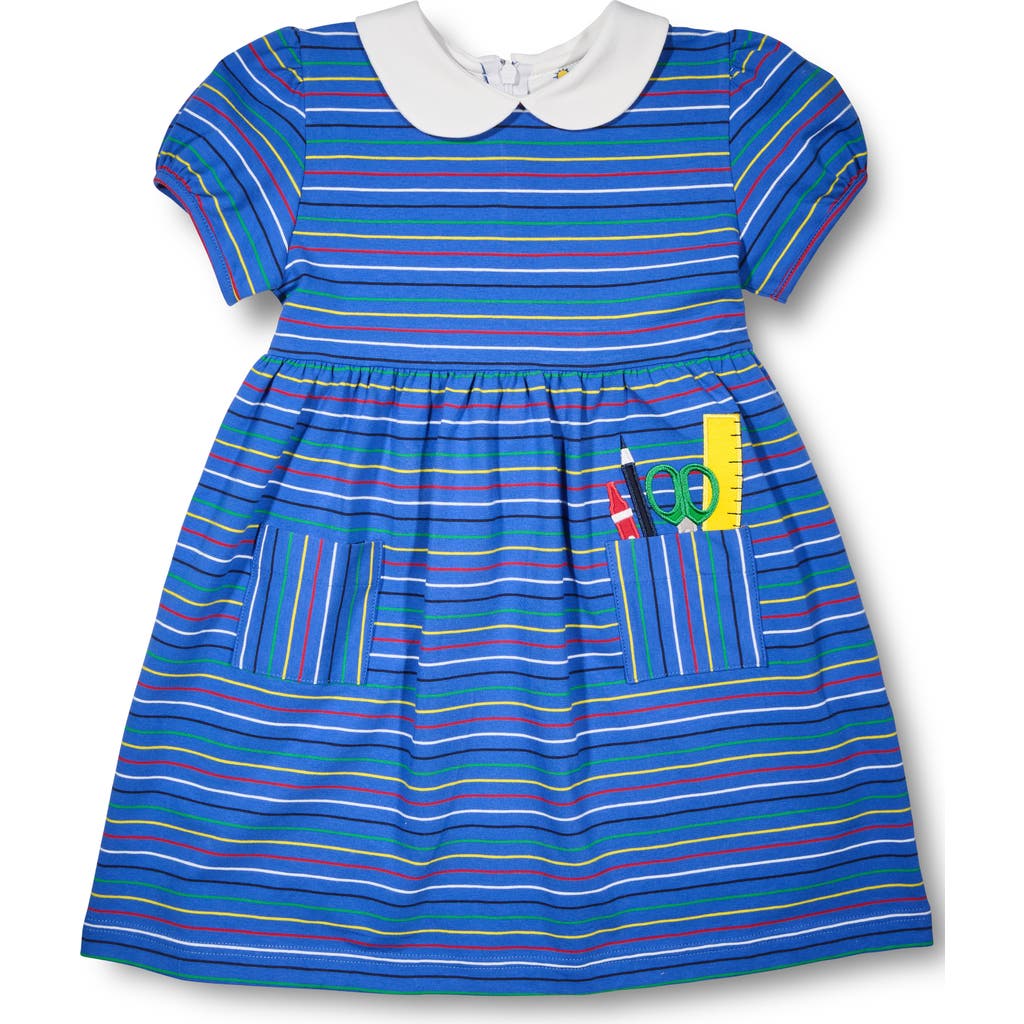 Florence Eiseman Girl's School Supplies Applique Stripe Knit Dress In Blue