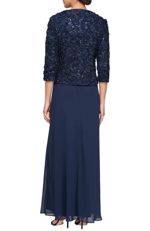 Alex Evenings Sequin Soutache Lace Empire Waist Chiffon Gown With Jacket In Blue