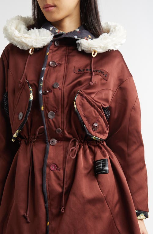 Undercover Mixed Media Silk Parka In Brown