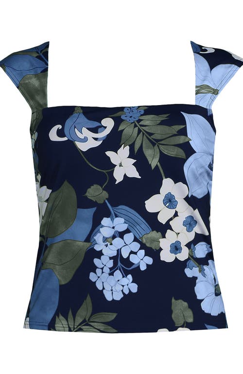 Lands' End Womens Square Neck Underwire Square Back Tankini Swimsuit Top In Deep Sea Navy Lilies