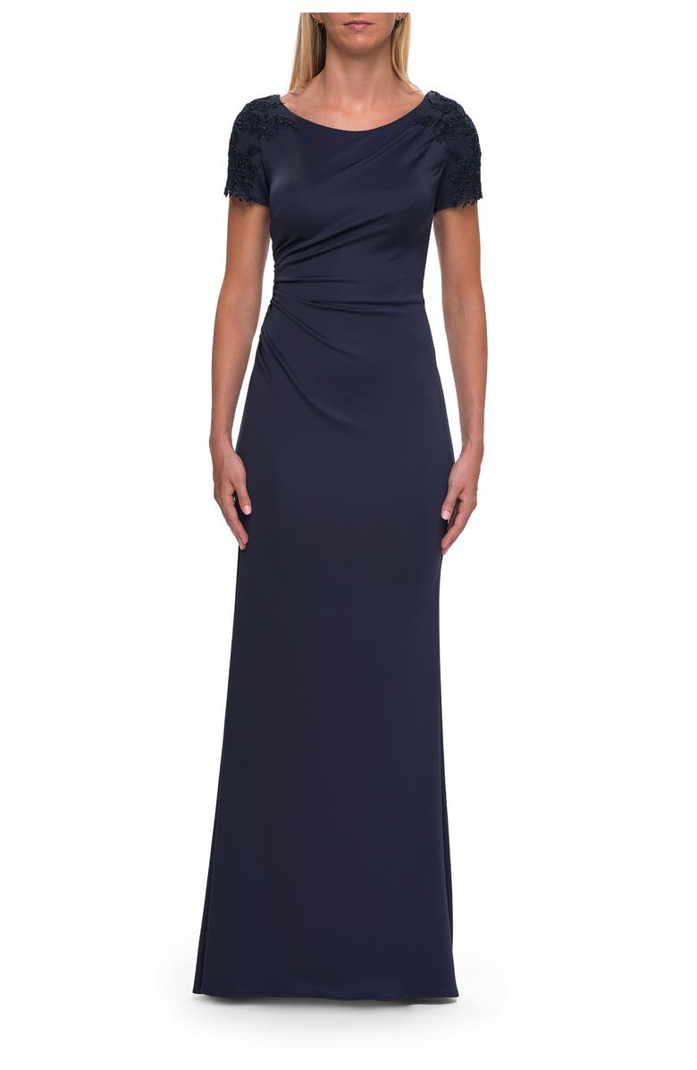 La Femme Short Sleeve Embellished Shoulder Evening Gown, Main, color, Navy