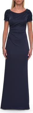 La Femme Short Sleeve Embellished Shoulder Evening Gown
