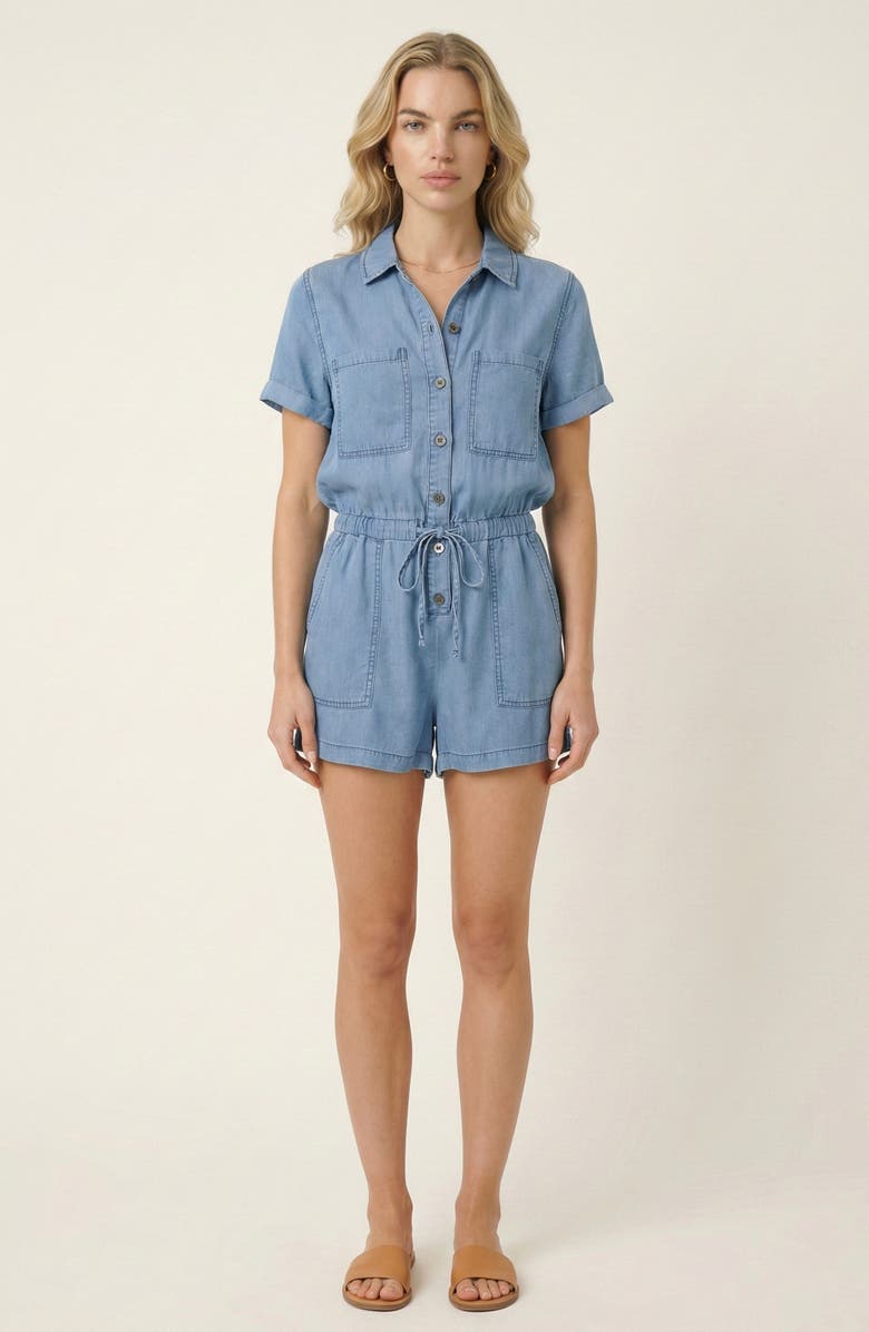 Modenaire Utility Button-Up Denim Romper with Pockets and Drawstring Waist, Alternate, color, Denim Blue