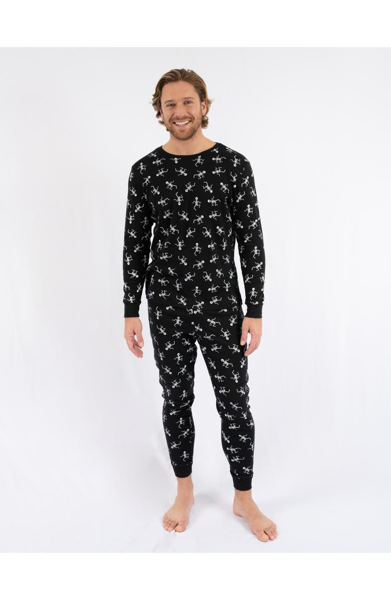Leveret Men's Cotton Matching Family Halloween Pajamas, Skeleton & Skull Prints, Alternate, color, Skeleton Black