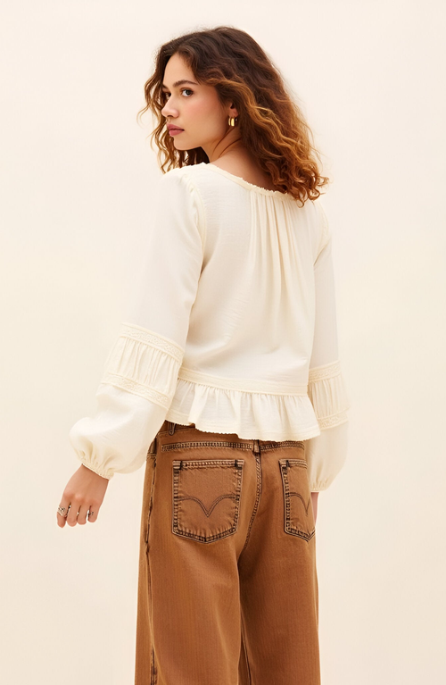 Modenaire Textured Peplum Button-front Sheer Ruffle Sleeve Blouse In White