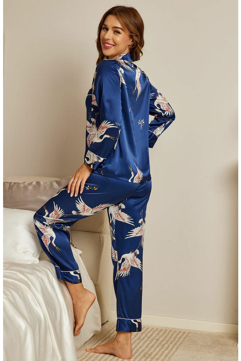 19Momme Pure Silk Printed Classic Binding Trim Womens Pajama set, Alternate, color, DarkBlue