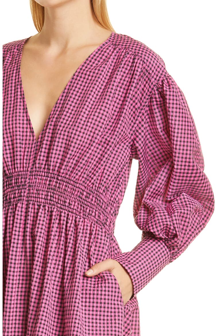 Seersucker Check Long Sleeve V-Neck Dress, Alternate, color, CARMINE ROSE