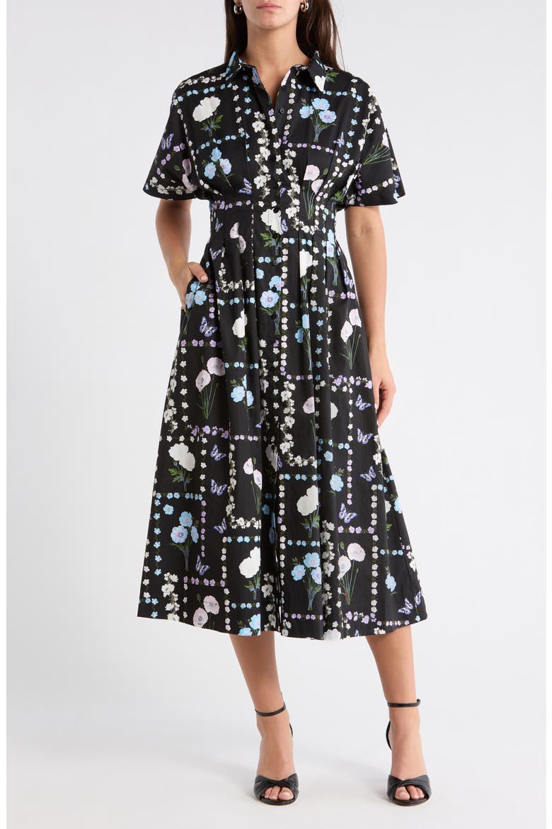 Wilderra Pleated Midi Dress, Main, color, BLACK-PASTEL
