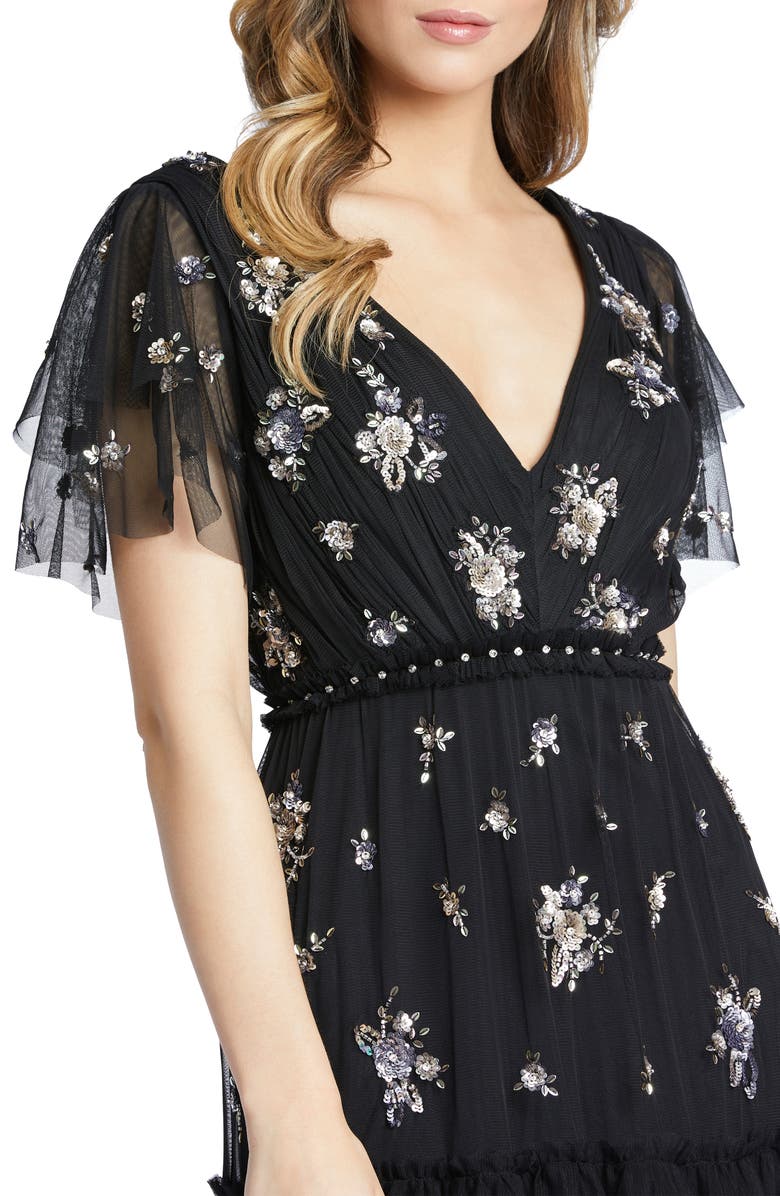 Mac Duggal Sequin Tiered Flutter Sleeve Gown, Alternate, color,