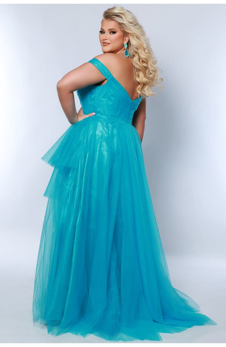 Sydney's Closet High-Low Sweetheart Neckline Off-the-Shoulder Plus Size Gown, Alternate, color, Blue