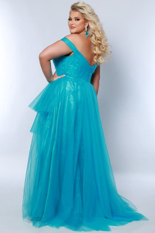 Sydney's Closet High-low Sweetheart Neckline Off-the-shoulder Plus Size Gown In Blue