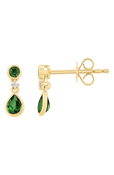 Gold Plated Sterling Silver Green Stone & Diamond Drop Earrings