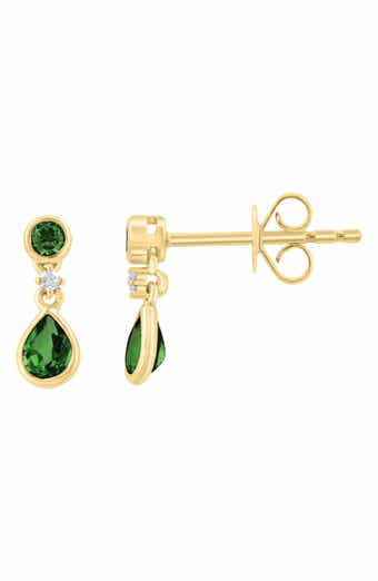 Gold Plated Sterling Silver Green Stone & Diamond Drop Earrings