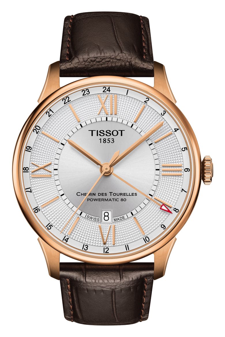 T-Classic Chemin Des Tourelles Powermatic 80 Automatic Leather Watch, 42mm, Main, color, BROWN/ SILVER/ ROSE GOLD
