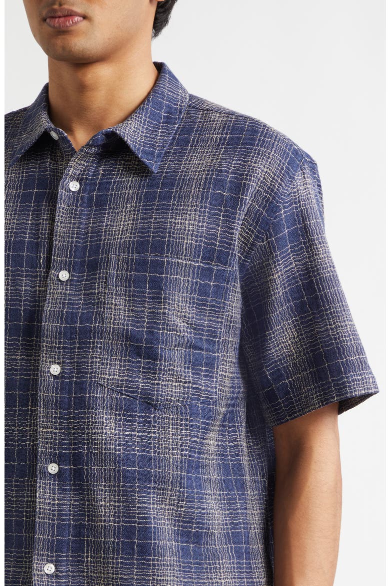 Check Cotton & Linen Short Sleeve Button-Up Shirt, Alternate, color, BLUE