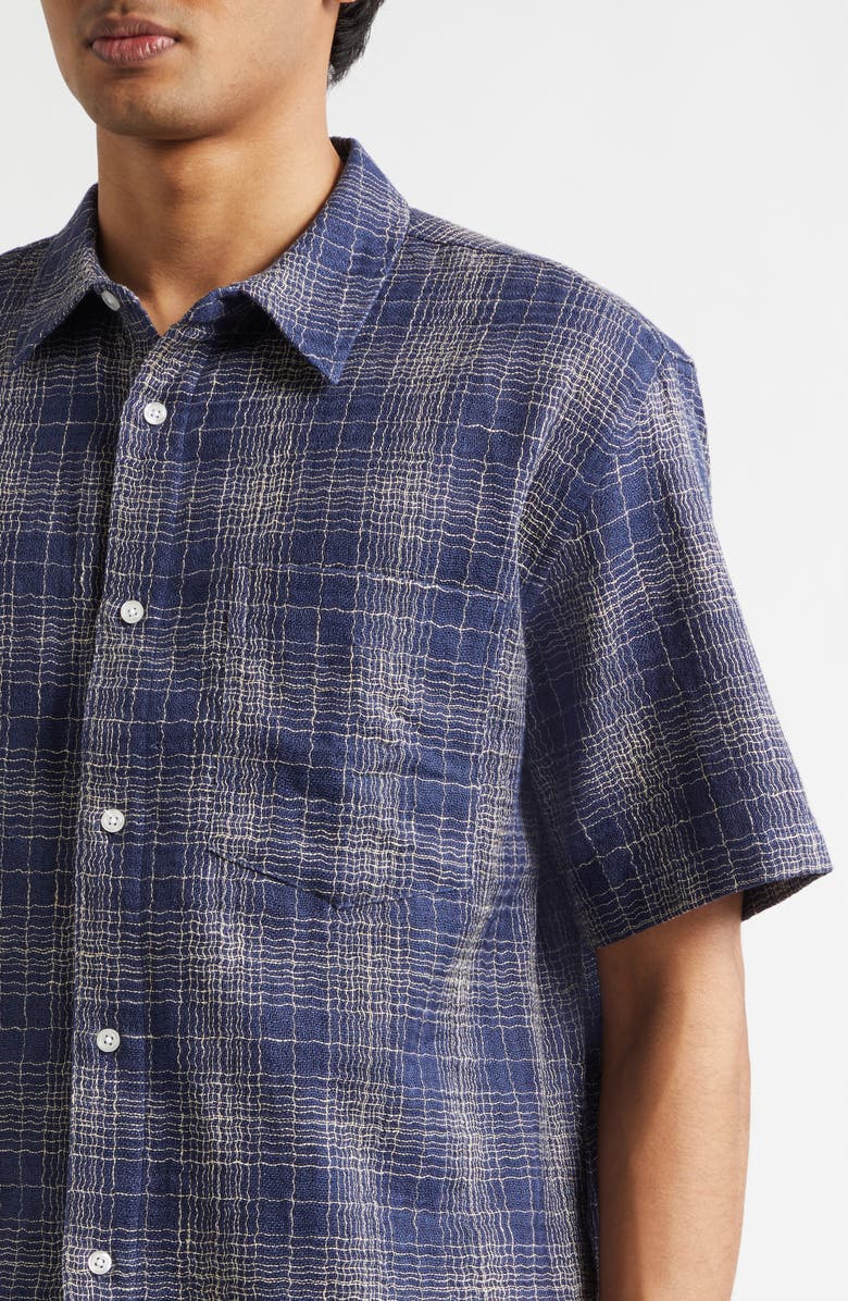 PALMES Check Cotton & Linen Short Sleeve Button-Up Shirt, Alternate, color, Blue