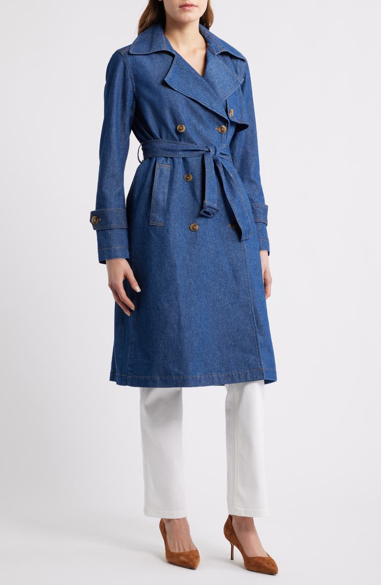 Anne Klein Chambray Double Breasted Belted Trench Coat, Main, color, Aries Wash