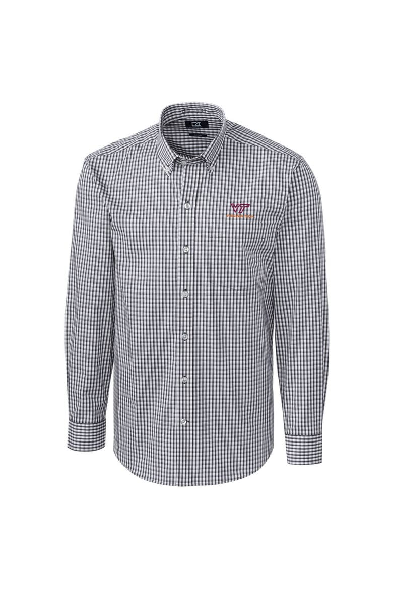 Men's Cutter & Buck Charcoal Virginia Tech Hokies Big & Tall Stretch Gingham Long Sleeve Button Down Shirt, Main, color, Charcoal