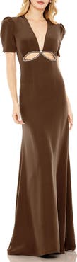 Mac Duggal Plunge Neck Puff Sleeve Cut Out Gown